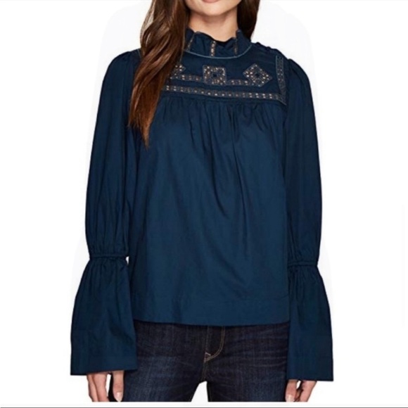 FREE PEOPLE Another Eternity Eyelet Bell Sleeve Top Blue - Picture 6 of 16